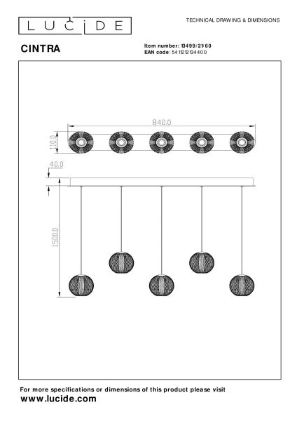 Lucide CINTRA - Suspension - LED Dim. - 5x4,7W 2700K - Transparent - technique